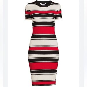 No Boundaries Short Sleeve Metallic Stripe Dress Red Black & White Small